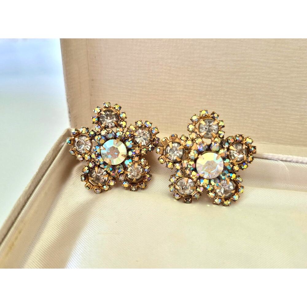 Vintage 1950s AB Rhinestone Flower Clip On Style Earrings